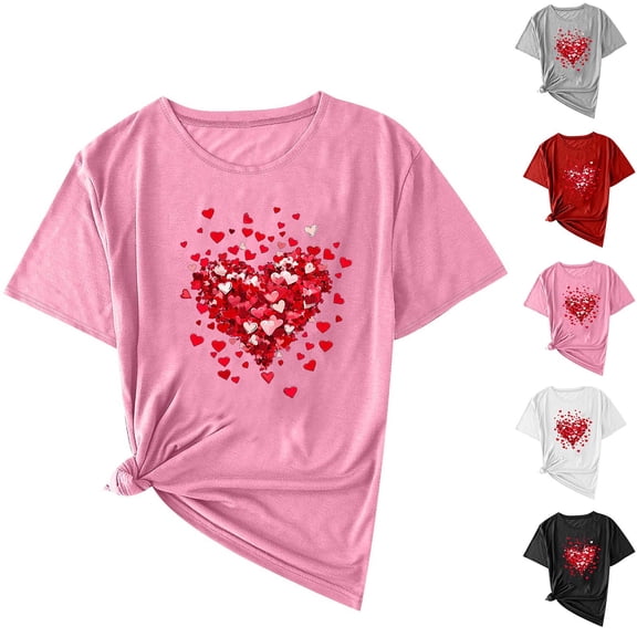 Jsaierl Valentines Day Shirts for Women Cute Love Heart Print Tees Stretch Short Sleeve Blouse Crewneck Dressy Casual T-shirt Tops Womens Fashion