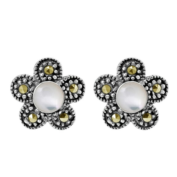 Adorable Flowers White Seashell and Marcasite Sterling Silver Earrings