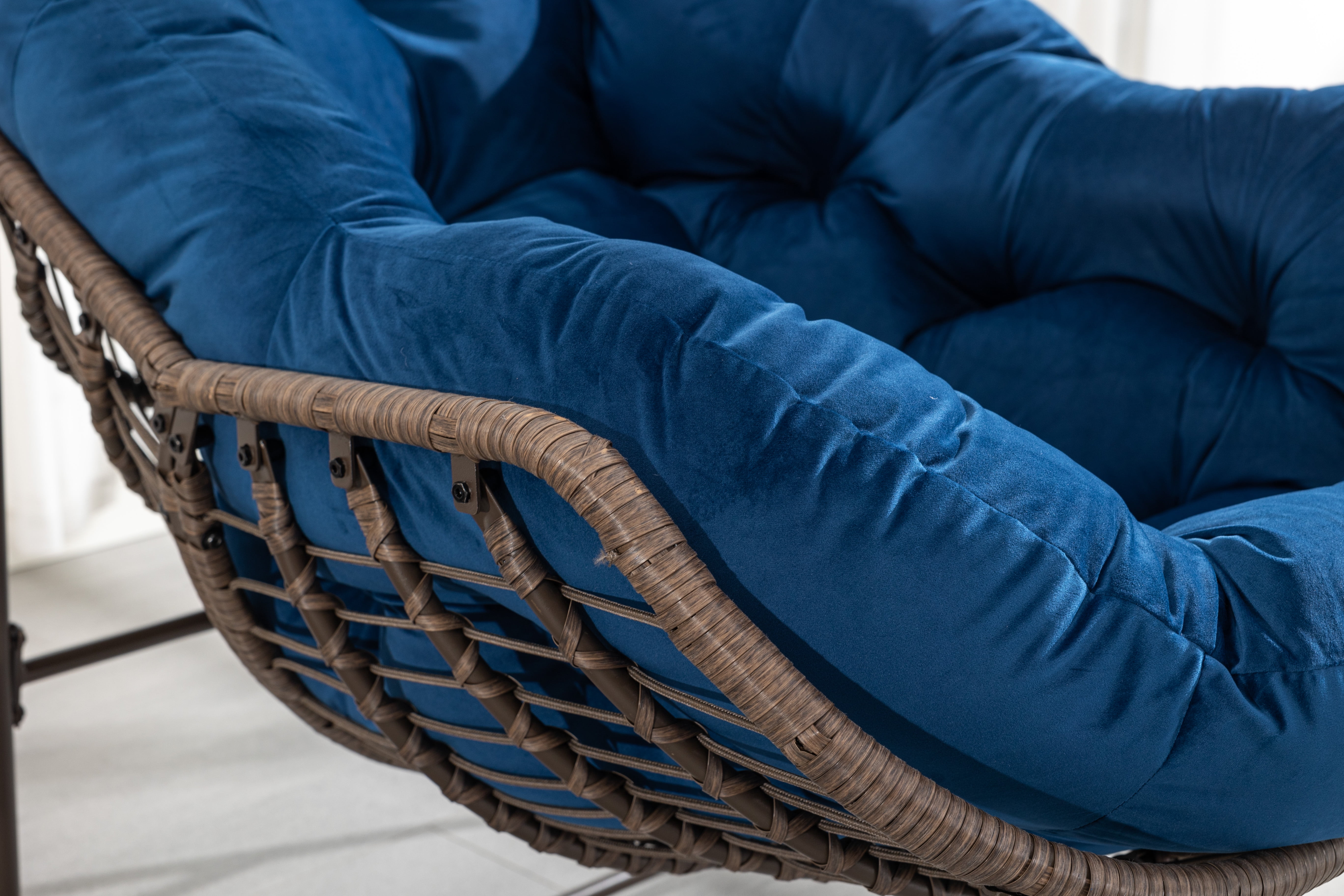 Outdoor Rattan Rocking Chair Oversized with Padded Cushion, Hand-Woven Egg Rocker Chair for Patio and Front Porch, Navy Blue