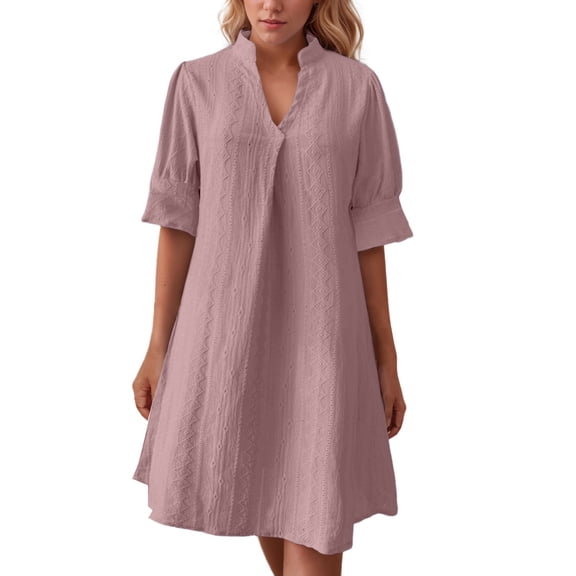 OSOLU Dresses Women V-Neck Half Sleeve Solid Color Pleated Dress Holiday Hawaiian Flowy Sundress