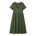 thumbnail image 3 of cocolona Womens Summer Linen Long Dress V Neck Short Sleeve Pleated Flowy Sun Dress Fashion Casual Loose Beach Dress with Pockets, 3 of 6