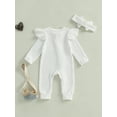 thumbnail image 4 of aturustex Infant Baby Girls Solid Zipper Rompers 0 3M 6M 12M Newborn Ruffles Long Sleeve Jumpsuits Crew Neck Ribbed Bodysuits with Headband Toddler Fashion Casual Basic Daily Spring Fall Clothes, 4 of 7