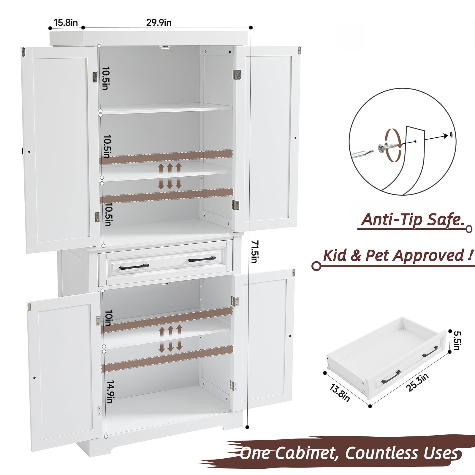 AACULPET 72" Tall Kitchen Pantry Cabinet, Storage Cabinets with Drawer and Adjustable Shelves, White Bathroom Storage