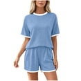 thumbnail image 2 of Usloyux Women's 2 Piece Shorts Set Round Neck Short Sleeve Tshirt Elastic Waisted Shorts Casual Lounge Outfits Solid Basic Matching Set, Light Blue S, 2 of 6