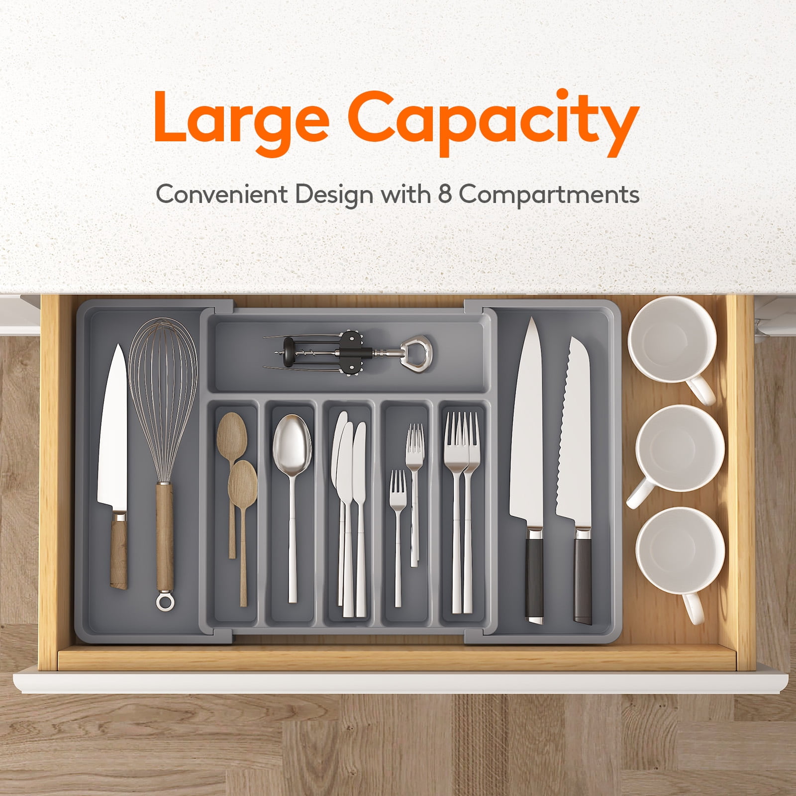 Lifewit Silverware Drawer Organizer, Expandable Utensil Tray BPA Free, Adjustable Flatware Storage for Spoons Forks Knives, 13"-22.4",  Gray