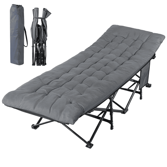 75" Portable Camping Cot, 600LBS Max Load, Extra Wide with Thick Mattress, 1200 D Layer Oxford Folding Cot, Heavy Duty Folding Bed with Mat & Carrying Bag for Indoor Outdoor, 1 Set, Grey
