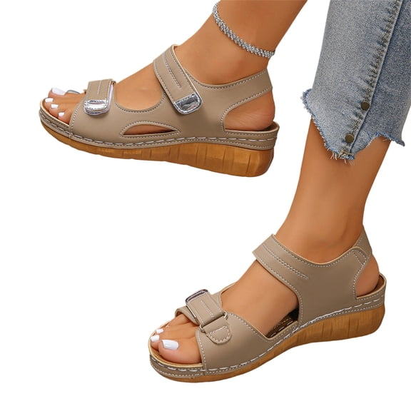 KEVCHE Slide On Sandals Women Orthopedic Platform Wedge, Peep Toe Chunky High Heel Leather Sandals, Wide Width Casual Flatform Beach Shoes for Plantar Fasciitis Comfort