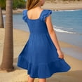 thumbnail image 6 of Inglocry Girls Summer Dresses Cute Double Layer Ruffle Sleeve Solid Color Smocked Flowy Dress 6-15 Years Blue 5-6Y, 6 of 6