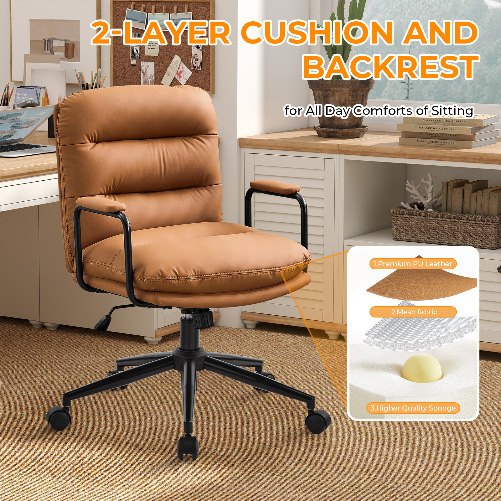 Falvinoryn Modern Office Chair, High Back Ergonomic Task Chair with Padded Armrests and Double Cushion, Swivel Home Office Desk Chair, Faux Leather Executive Armchair for Home, Bedroom (Brown)