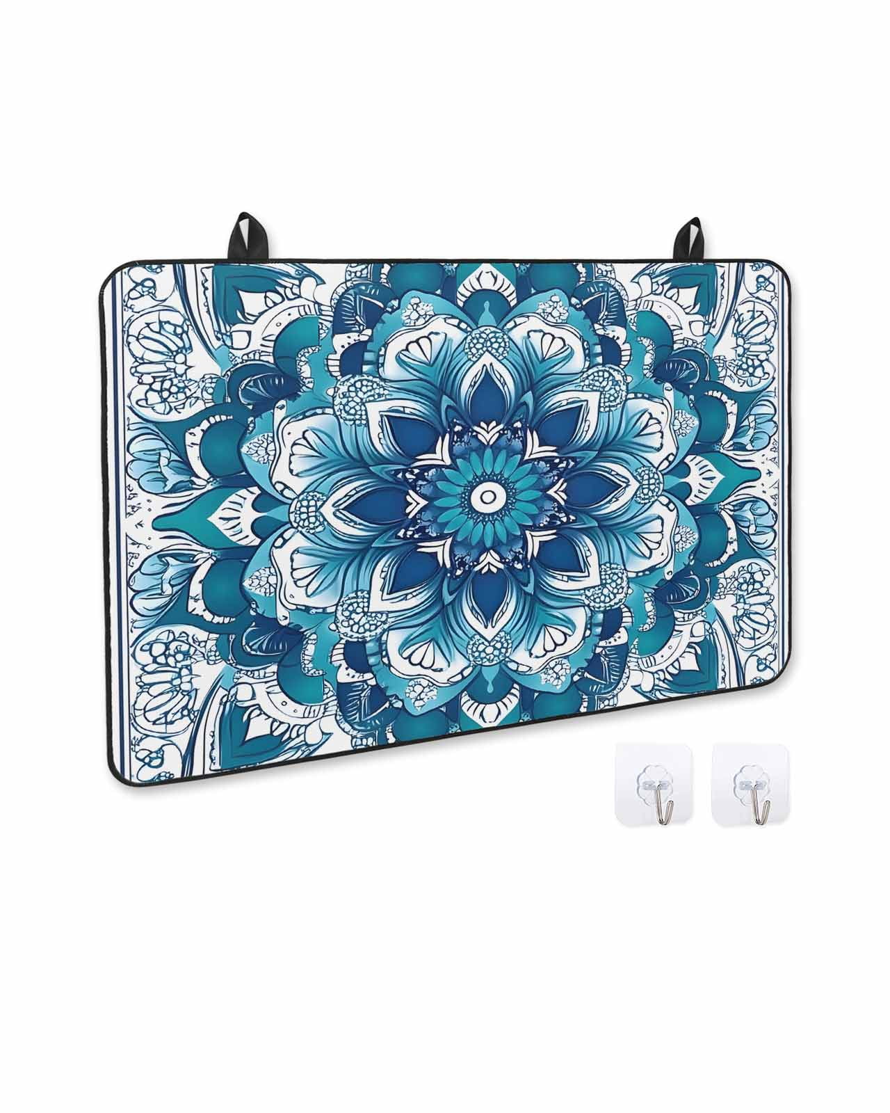 nqOlkjepod Large Induction Cooktop Protector Mat 24"x21", Teal Blue Floral Boho Stove Top Covers for Electric Stove, Abstract Tribal Ethnic Flowers Stove Burner Cover Mats, Glass Top Stove Cover