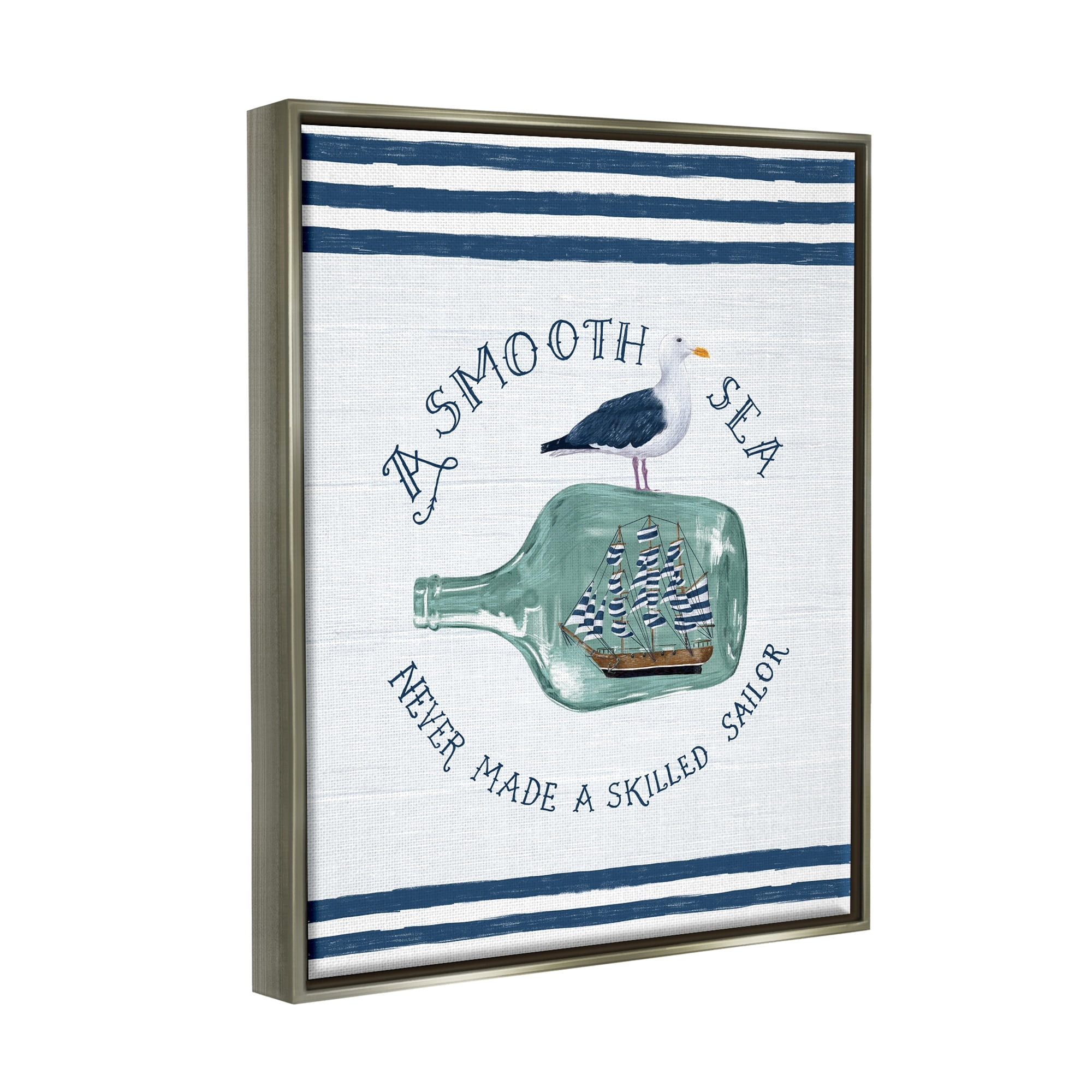 Stupell Industries Ship In Bottle Seagull Striped Nautical Phrase Graphic Art Luster Gray Floating Framed Canvas Print Wall Art, Design by Raquel Maciel