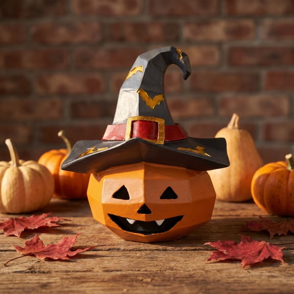 Resin Pumpkin with Witch Hat Statue, Spooky Decor Tabletop Jack-O-Lantern Figurine for Halloween Home Mantel Shelf Ornament