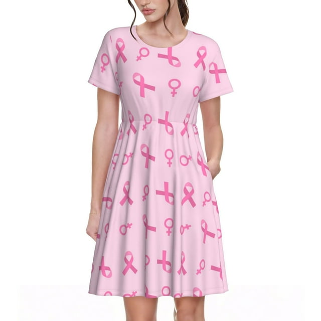 Saiise Robe d'Été Awareness Cancer du Sein 1 Motif pour Femmes T-Shirt Décontracté Manches Courtes Robe de Plage Florale avec Poches