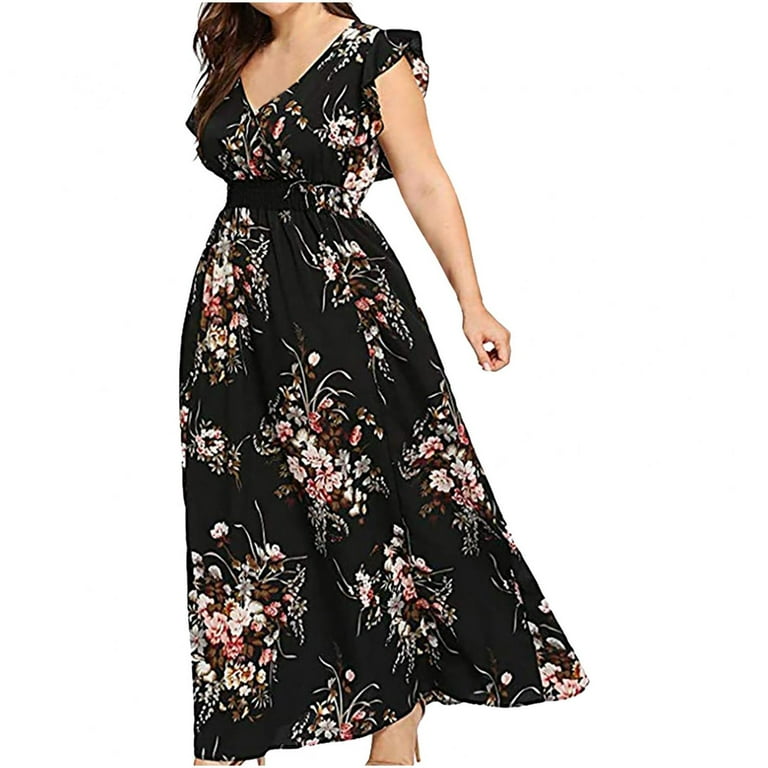 Bohemian Floral Print Long Dress - V-Neck, Adjustable Straps, Flowy Maxi Dress, Black, Size Large