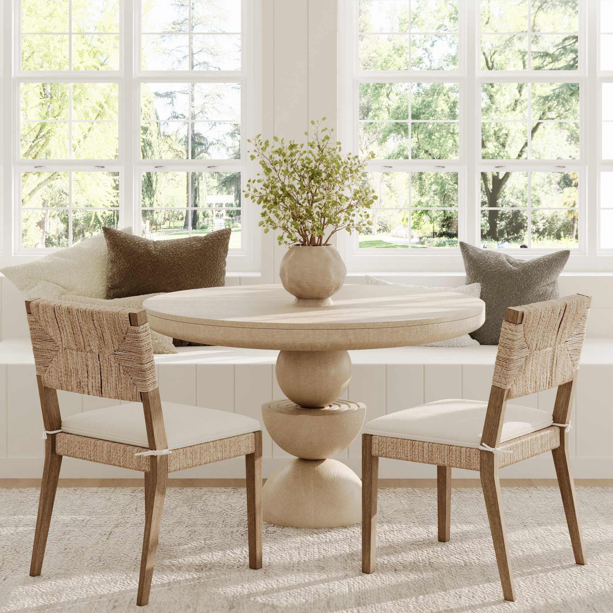 Nathan James Beacon Boho Dining Chair, Boucle Dining Chair with Seagrass Accent and Solid Wood Legs, Cream Boucle/Light Brown