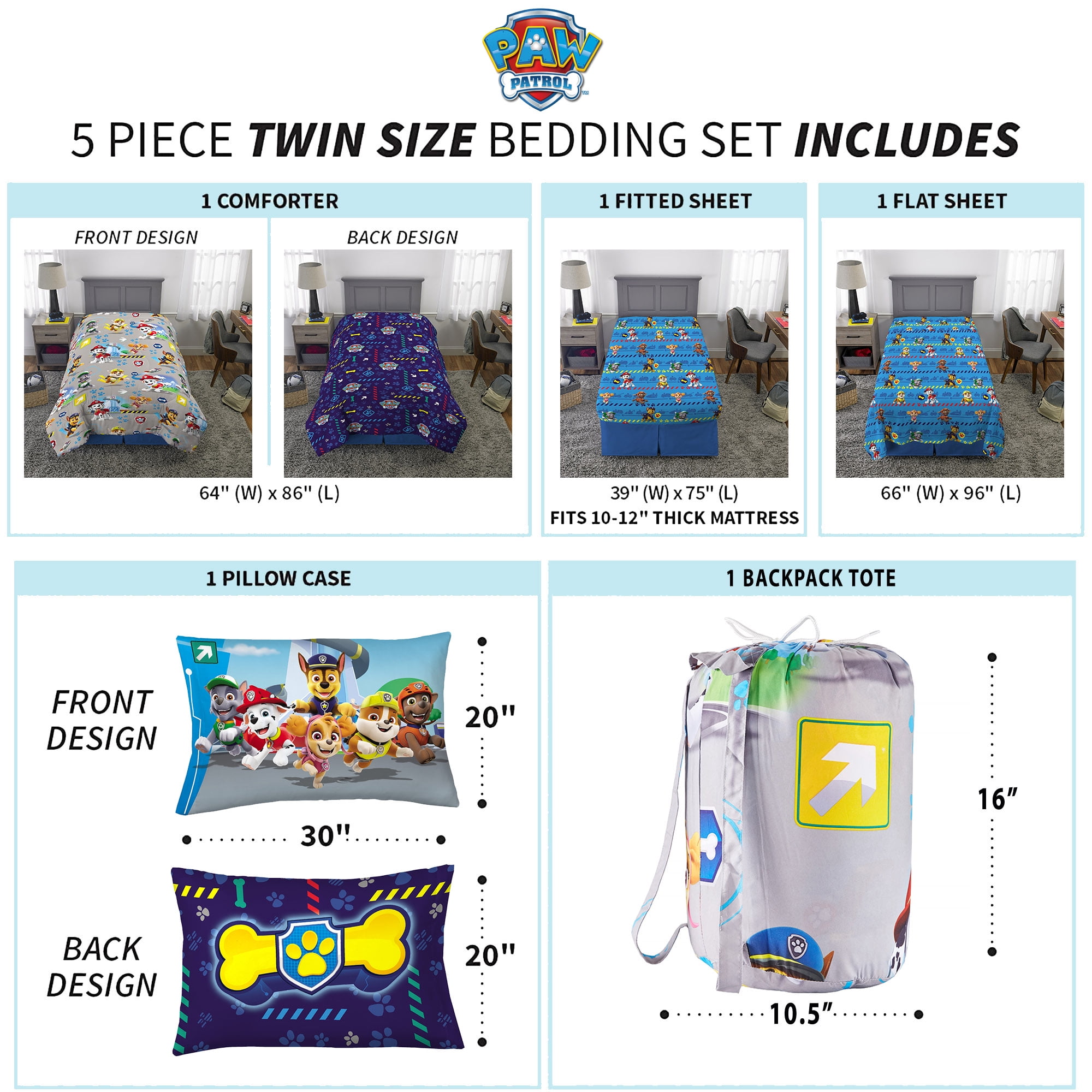 PAW Patrol Kids Twin Bed in a Bag, 5Pc Bedding Set, Comforter and Sheets with Bonus Tote