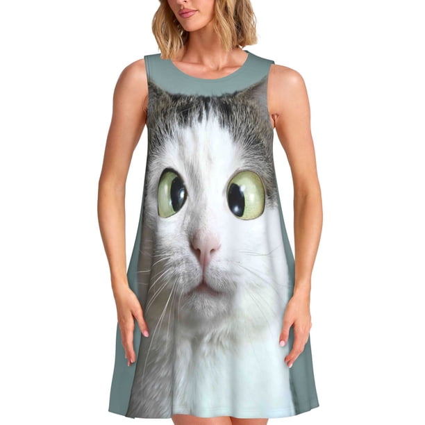 Balery Funny Cat Vestidos de verano para mujer con estampado: vestido holgado sin mangas, vestido playero informal y cómodo para días calurosos.