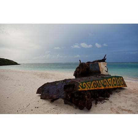 Canvas Print Tank on Flamenco Beach in Culebra, Puerto Rico at sunset. Stretched Canvas 10 x