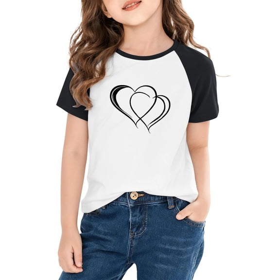 7 Kid Girl Boy Tops Shirts Girls Valentine T-Shirt - Cute Short Sleeve Raglan Top with Heart Print, Crewneck Casual Cute Top for Kids