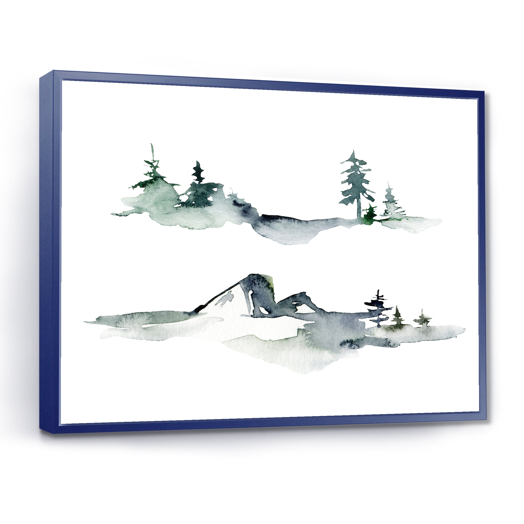 Designart 'Trees With Winter Dark Blue Mountain Landscape I' Modern Framed Canvas Wall Art Print