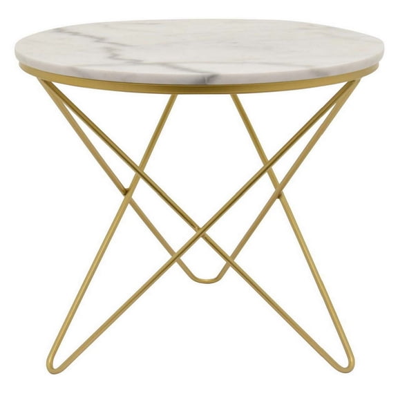 Benjara 24" Modern Plant Stand Side Table- Round Marble Display- Gold Metal