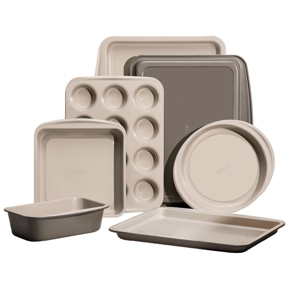 Carote 7Pieces Baking Pans Set Nonstick, Premium Carbon Steel Non Toxic Stackable Bakeware Sets for Kitchen, Scratch-Resistant, Oven Bake Sheets for Baking, Cake Pan, Roasting Pan, Muffin Pan, Brown