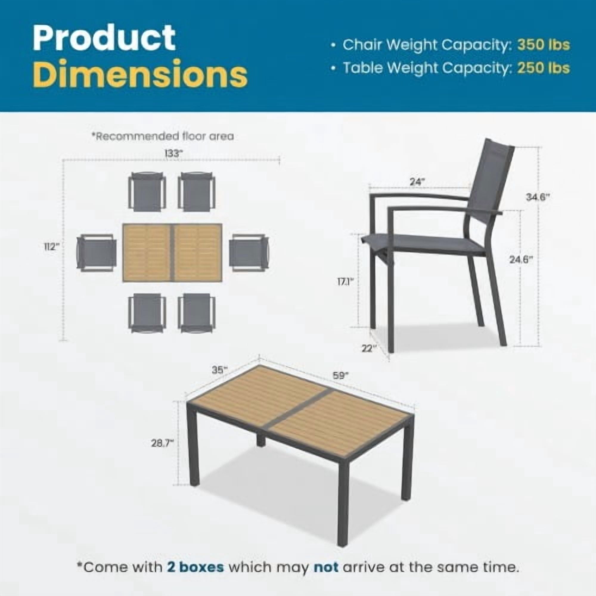 7-Piece Grey Patio Dining Set, 59 in. All-Weather HDPS Aluminum Table & 6 Textilene High-Back Chairs, Heavy-Duty 6-Seat Outdoor Furniture