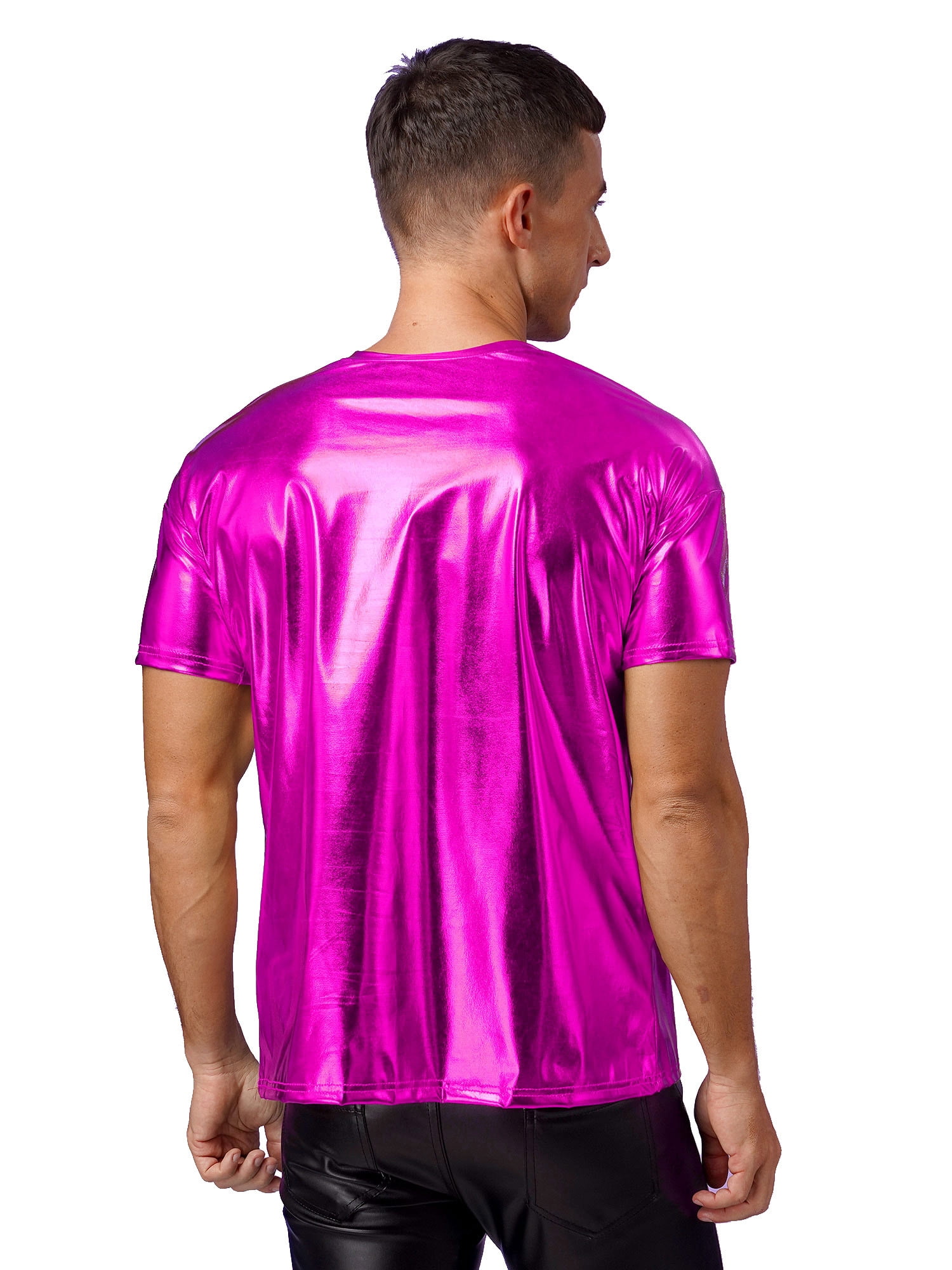 TiaoBug Mens Shiny Metallic Short Sleeve Disco Dance Top