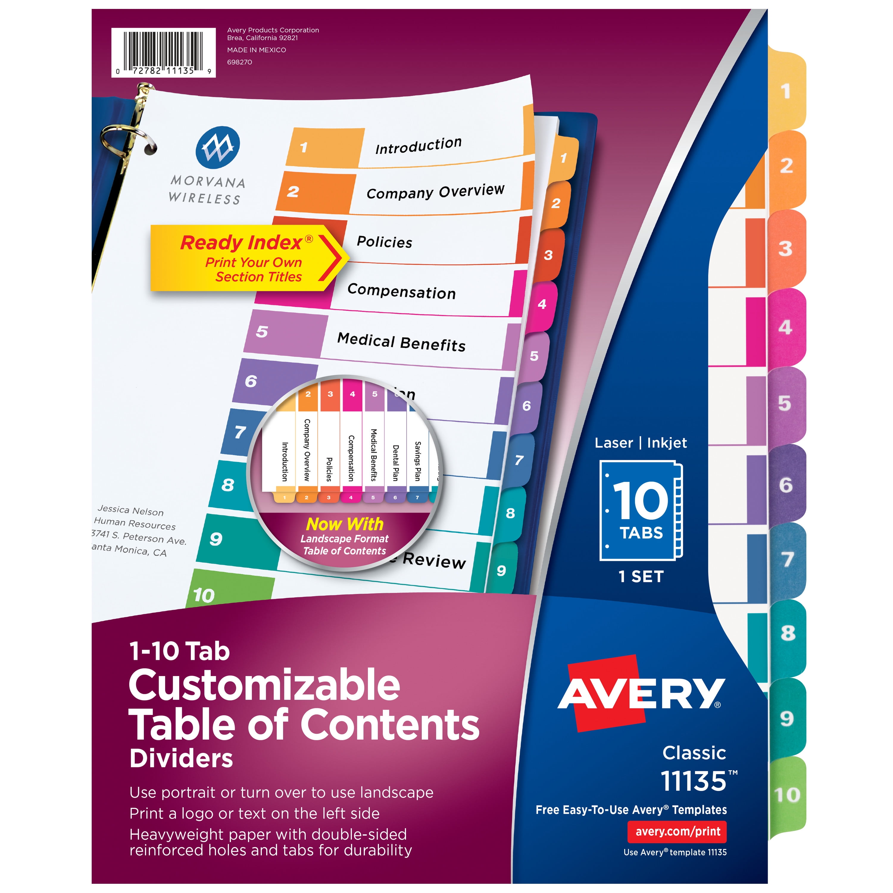 Avery Ready Index 1-10 Tab Table of Contents Dividers For Laser and Inkjet Printers, Multicolor