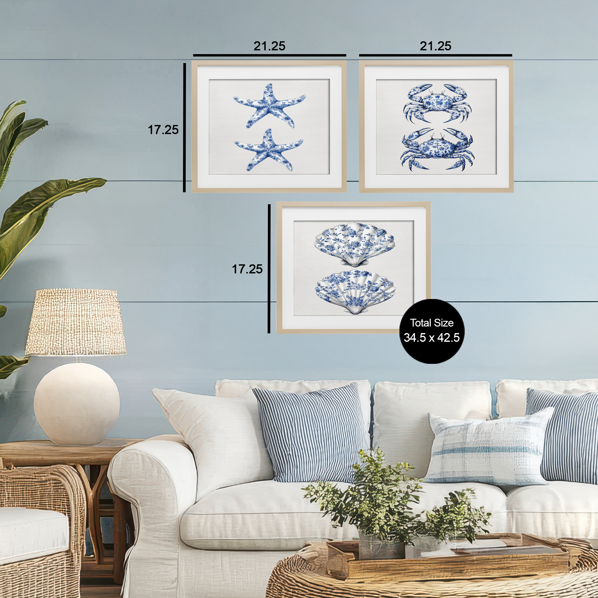 Vintage Toile Starfish & Crabs 3 Piece Birch Framed Print Under Glass Set, design by Lettered and Lined