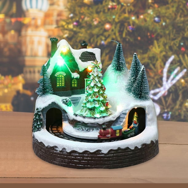 Decoración de Pueblo de Navidad Sunnimix Casa de Nieve con Tren Giratorio Iluminado Musical