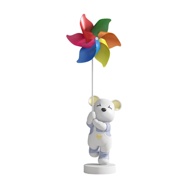 Figura de oso de 23,6 pulgadas que sostiene un molino de viento, decoración de mesa, artesanía para regalo de inauguración de la casa, versátil y Azul claro