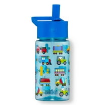 Wildkin Kids Reusable 16 Ounce Tritan Plastic Water Bottle for Boys and Girls, With Straw Top and Carrying Handle (Trains, Planes & Trucks)