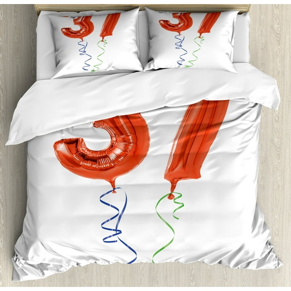 37th Birthday Duvet Cover Set, Older It Gets Flying Party Balloons Surprise Years New Age Birthday Picture, Decorative 3 Piece Bedding Set with 2 Pillow Shams, Calking Size, Red White, by Ambesonne