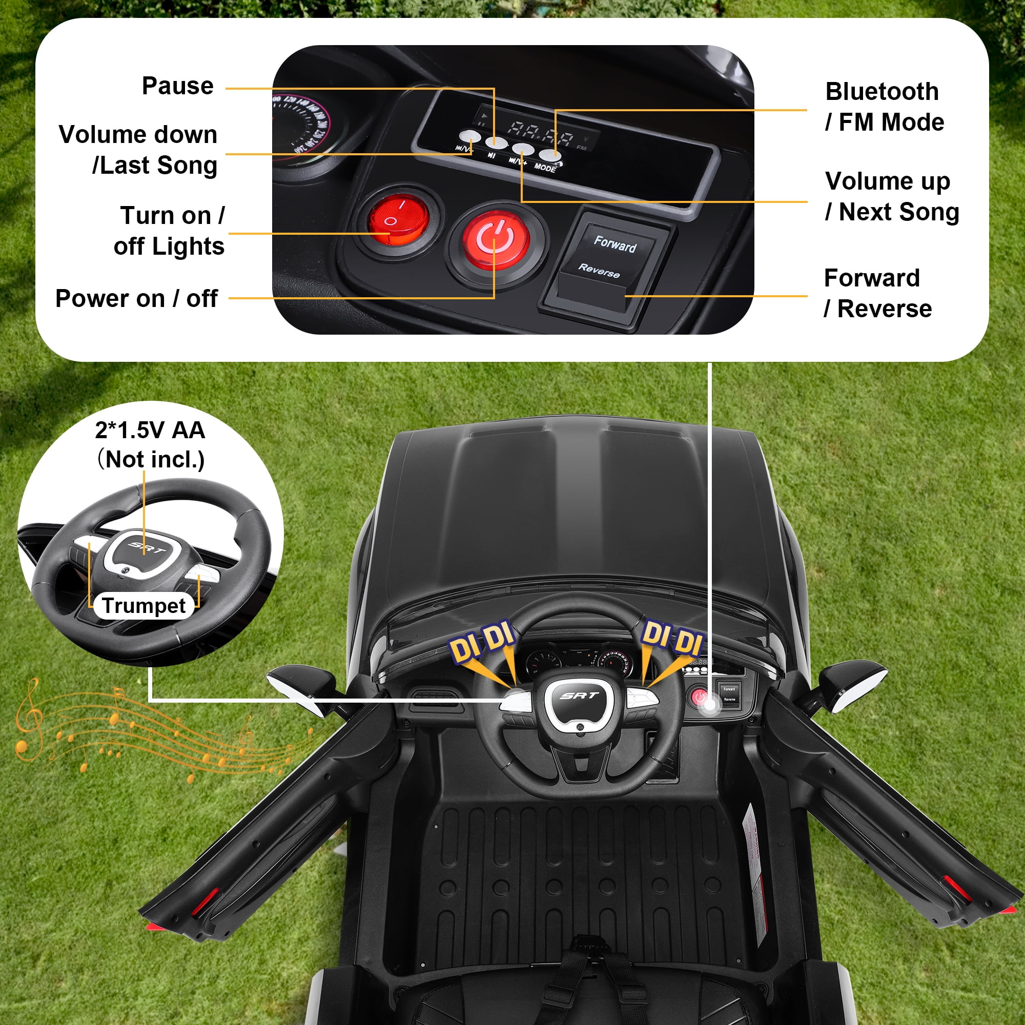 Dodge Challenger SRT Kids Ride on Car,Wisairt 12 V Battery Powered Electric Vehicle w/ Remote Control,Bluetooth,LED Lights(Black)