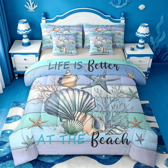 jejeloiu Life Is Better Print 7-Piece Twin Bedding Sets Kids,Ocean Coral Starfish Bedding Comforter Set,Reversible