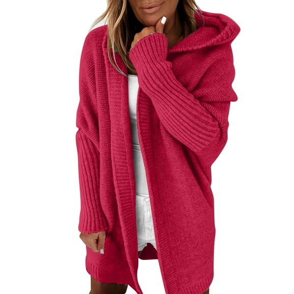 Dyfzdhu Cardigan Sweaters for Women Hooded Long Sleeve Casual Loose Batwing Sleeve Knit Sweater Coat Red