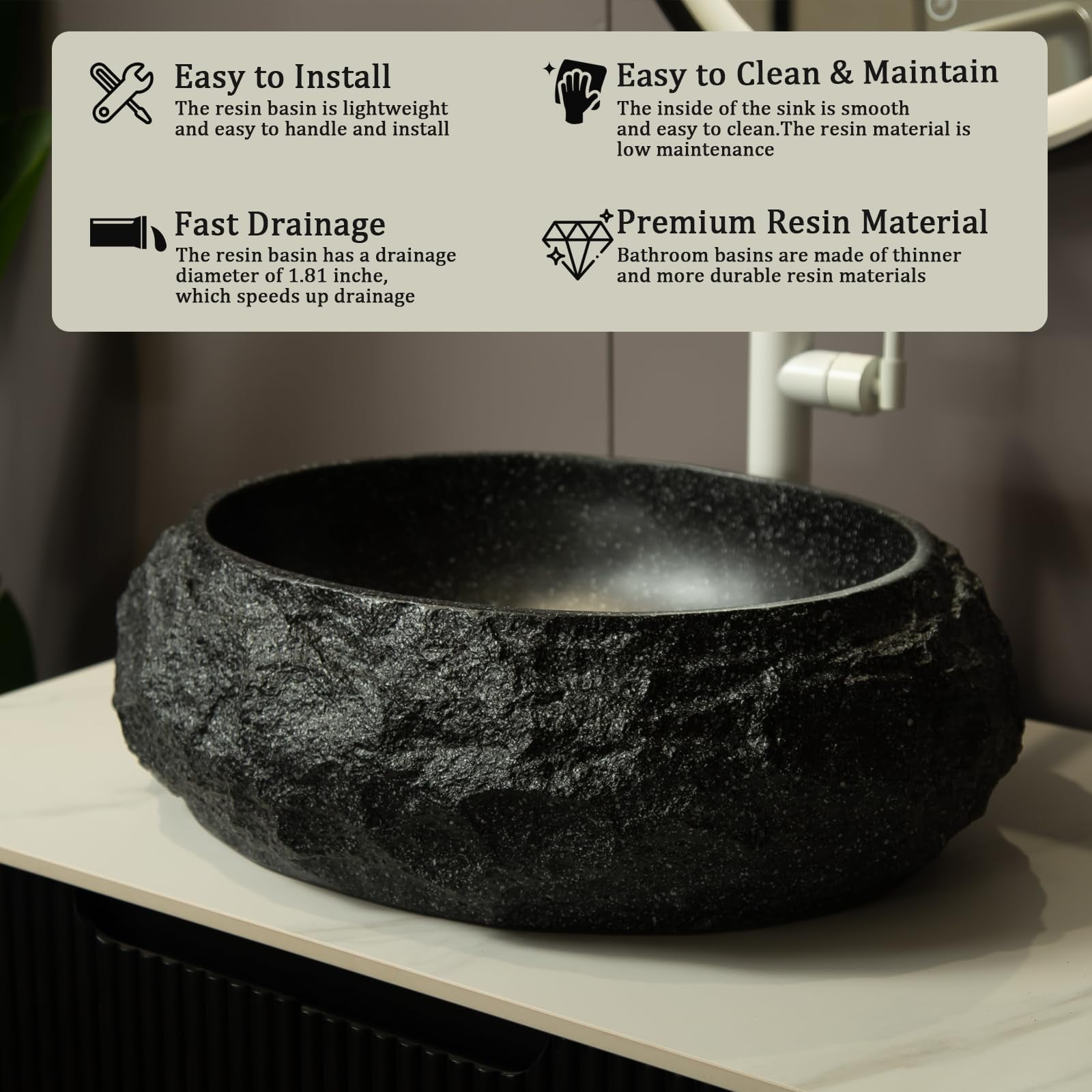 18 Inch Irregular Oval Resin Bathroom Vessel Sink – Stone Pattern, Artistic Style，Black