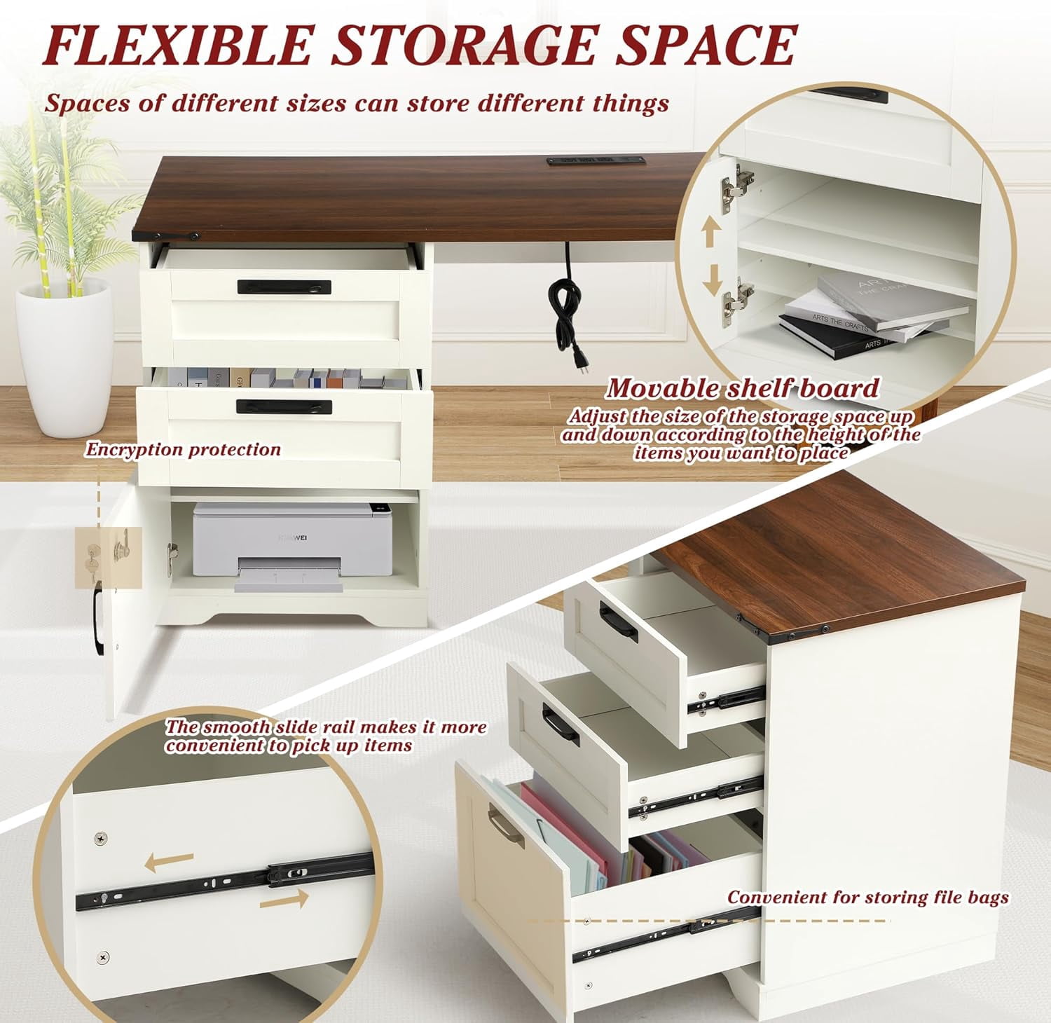 Grepatio 60" Farmhouse L Shaped Desk with Drawers, Executive Desk with Storage, Home Office Corner Desk with Charging Station, 2 Person Computer Writing Desks, Key Lock Filing Cabinet (Antique White)