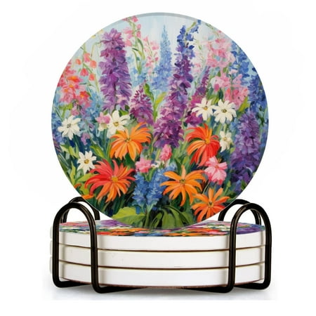 

BaHomeck Drink Coasters Set of 4 with Holder vibrant painting of colorful wildflowers Water Absorbent Ceramic Coasters Tabletop Protection Suitable for Various Cup Home Decor