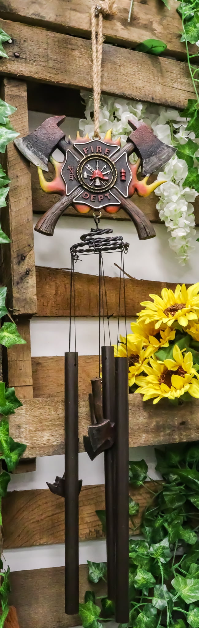 Maltese Cross Crest With Crossed Fire Fighter Axe Fireman Wind Chime Decor