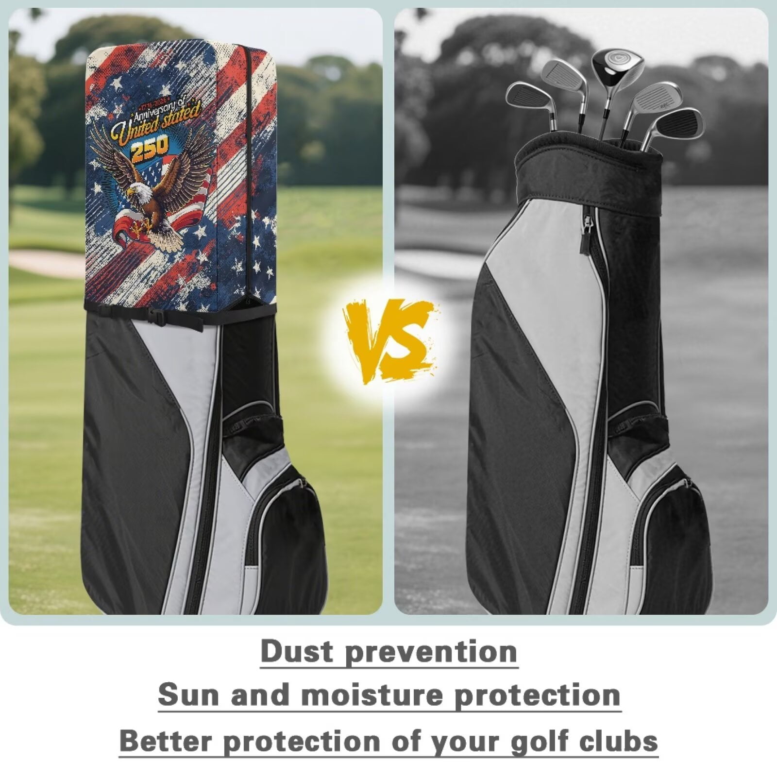 Yuyamidu 250 Annviersary USA Golf Bag Cover Eagle Dust and Sun Protection Golf Bag Umbrella for Clubs with Snap Button Adjustable Easy Access Fit Most Club Bags