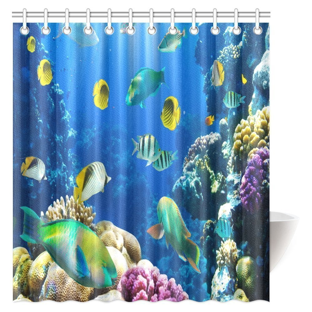 MYPOP Ocean Shower Curtain Decor Collection, Tropical and Exotic Coral Reefs Fish School Natural