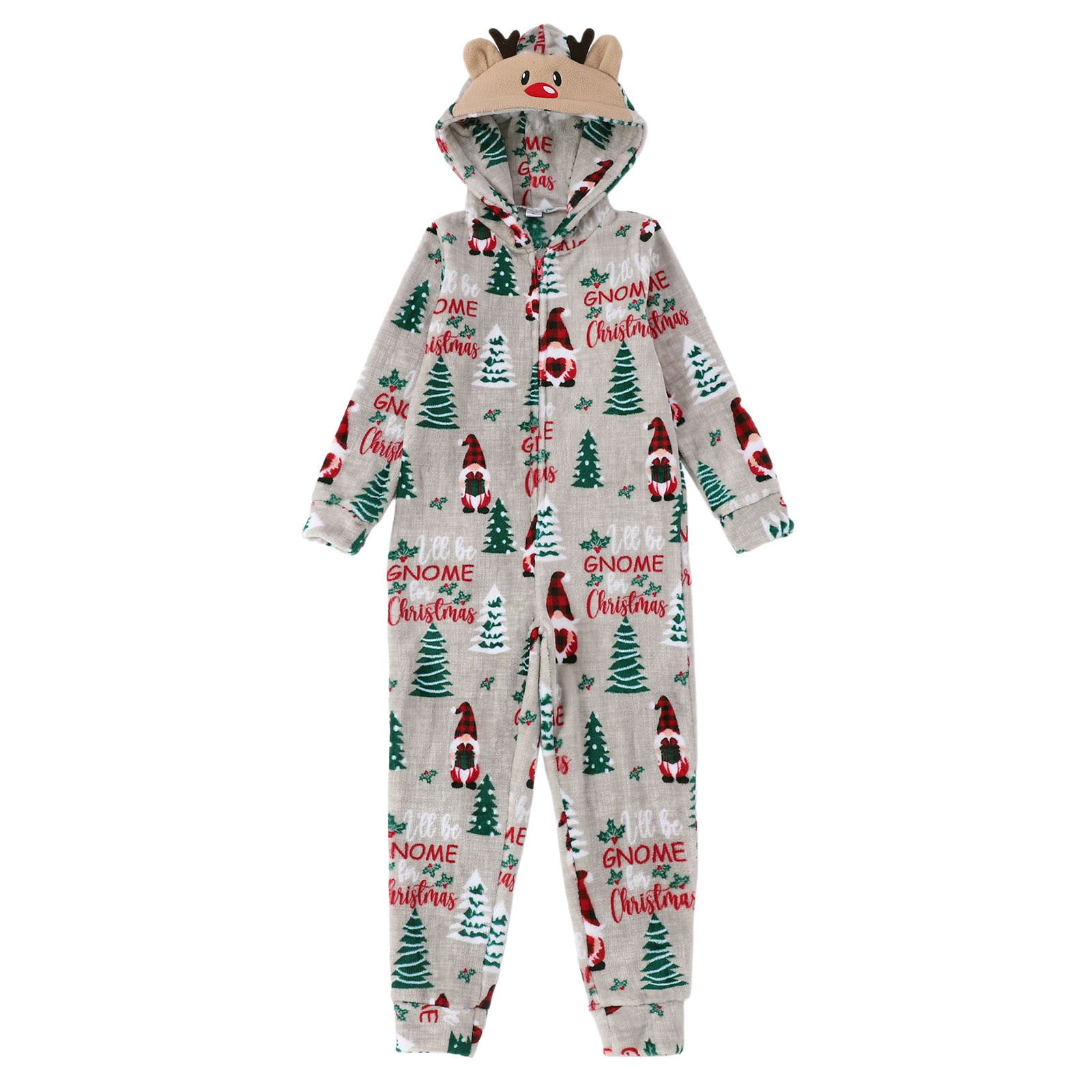 CUZIBR Christmas Family Pajamas Thickened Downy Long Sleeve Hooded Full Zipper Up Overall Sleepwear Outfits Lovely Snowflake Snowman Print One Piece Jumpsuits Loungewear For Kid,Light Gray,7-8 Years