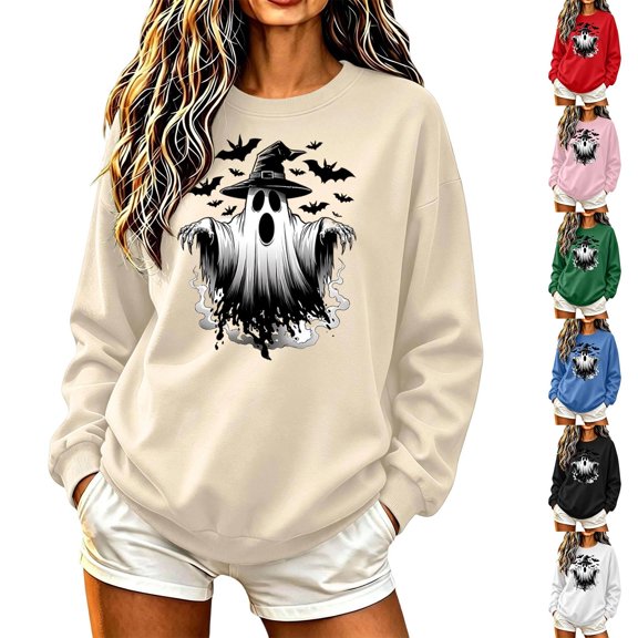 Frostluinai Womens Crewneck Sweatshirts Spooky Ghosts Pumpkin Graphic Pullover Halloween Party Long Sleeve Fleece Sweat Shirt XS-XXXL