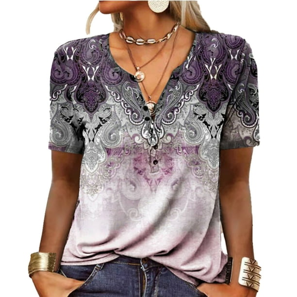 Camisa Personalizada para Mujer Cuello en V Manga Corta Estampado Floral Jersey Top con Botones Camiseta con Cuello de Botón para Mujer ANGGREK Otros