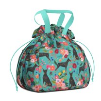 Doberman Dog Pattern with Flowers Drawstring Lunch Bag Women - Drawstring Lunch Bag Insulated for Work Office - Stain-Resistant Large Lunchbags for Women with Multi-Pockets