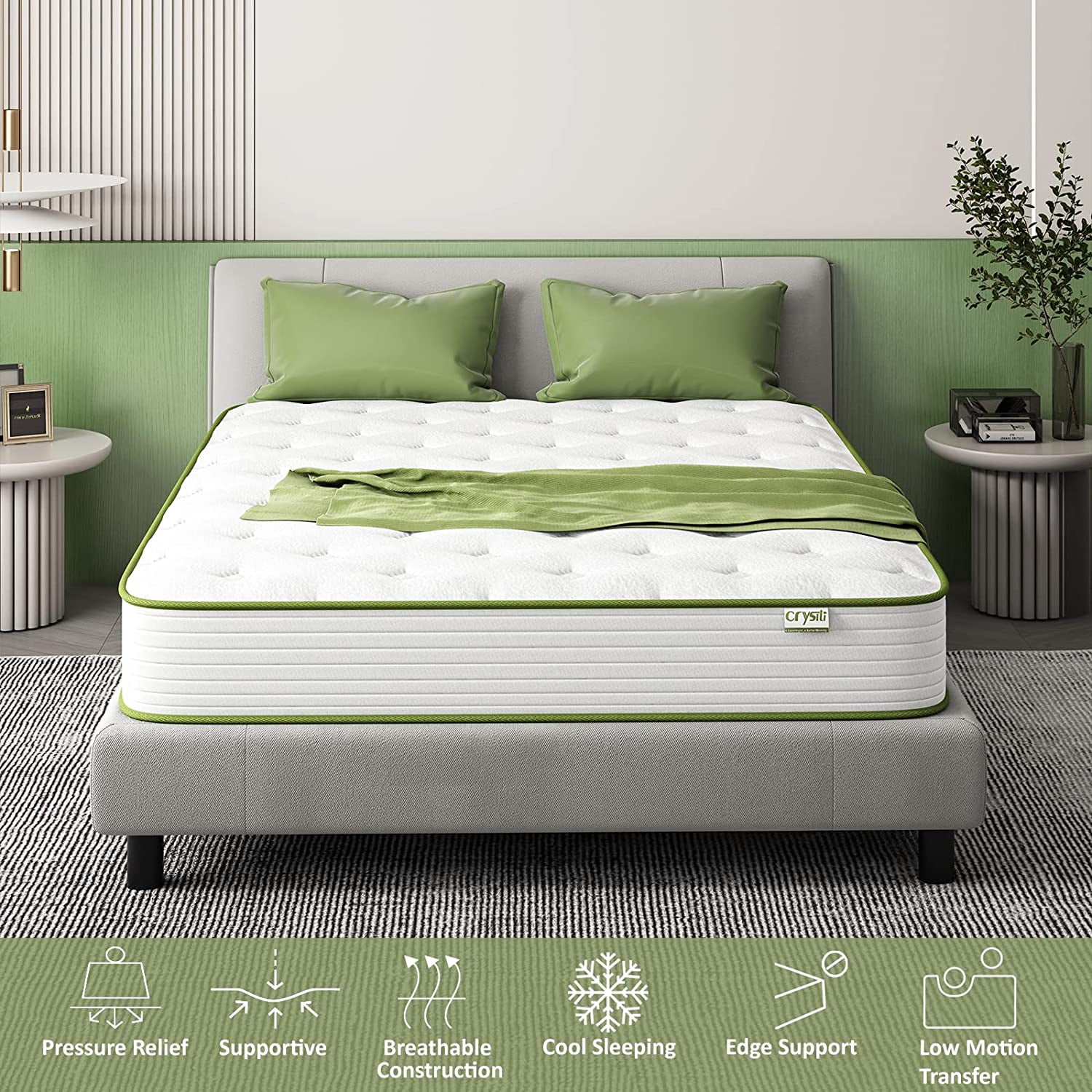 Crystli 12" Hybrid King Mattress Memory Foam Mattress with Wrapped Innersprings Medium Firm Bed-in-a-Box CertiPUR-US Certified King Mattresses