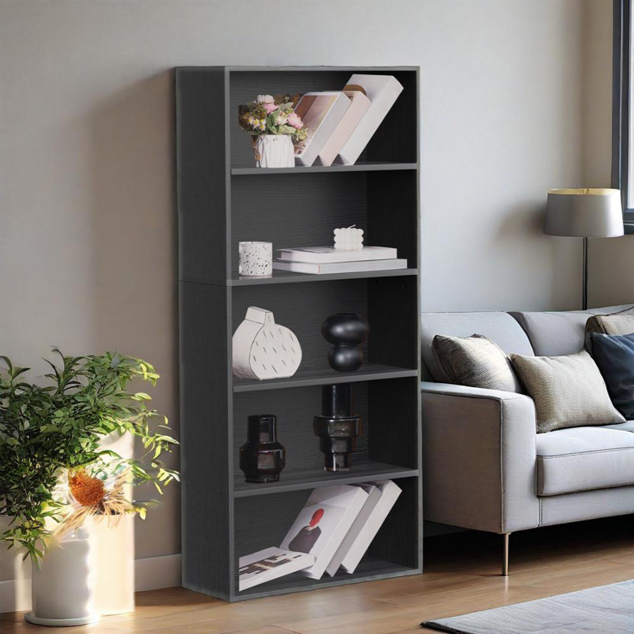 CONCETTA 5 Shelf Bookcase, 53 Inch Tall Floor Standing Open Bookshelf for Home Office and Living Room, Black