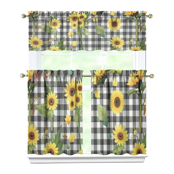 Sunflowers with Black and White Check Patterns4(1) Kitchen Curtain Valance 3 Piece Home Curtains and Valance Set Curtain Sink Window Decor Window Treatment Tier 27.5x36 Length